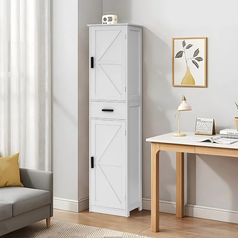 Tall Bathroom Cabinet With 6 Shelves And Drawers In Modern Engineered Wood
