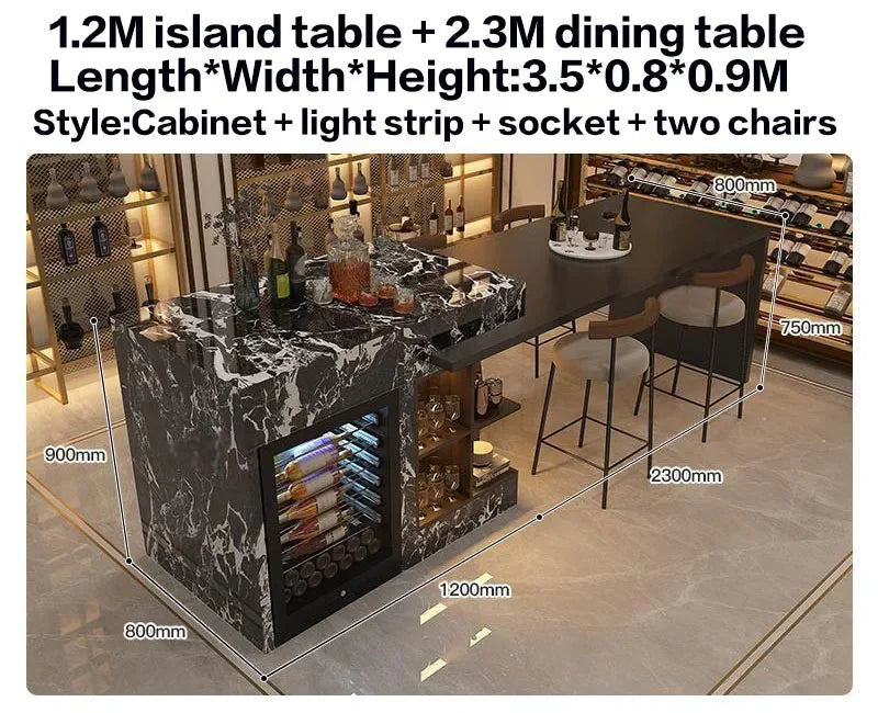 Luxury Marble Kitchen Island Set with Dining Table, Wine Refrigerator, LED Lights, 2-Layer Storage & Artistic Sculpture Base