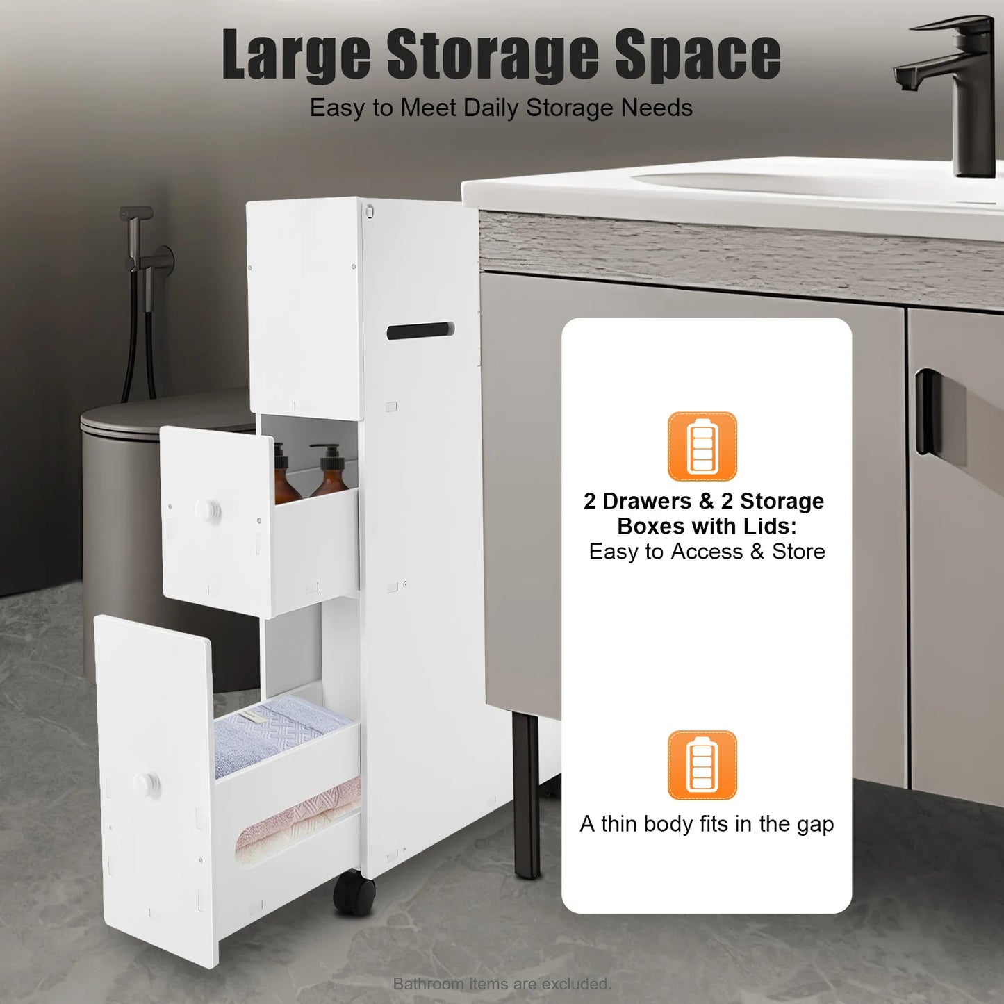 White Narrow Bathroom Storage Cabinet, Modern PVC Floor Standing Cabinet W/ Drawers, Carved Rectangular Side Cabinet for Toilet