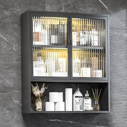 Bathroom Cabinet Wall Mount,Metal Medicine Cabinets with Glass Doors and LED Light,Wall Cabinet Over The Toilet,