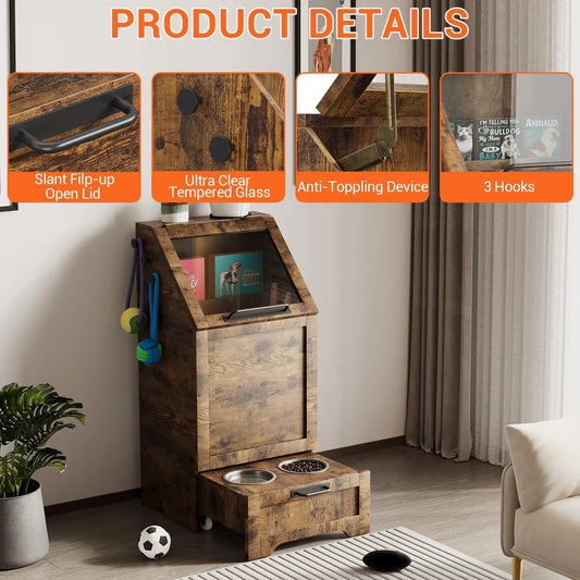 HiMISS Dog Food Storage Cabinet Flip Top Side Leash Hooks