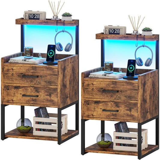 LED Nightstand Set of 2 with Charging Station, 2 Drawers Night Stand with LED Lights for Bedroom, 2 USB Ports, 2 Power Outlets,