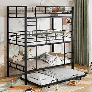 Twin Size Heavy Duty Triple Bunk Bed with Trundle and Ladder, Guardrails for Kids, Adults, Teens, Bedroom, No Box Spring Needed,