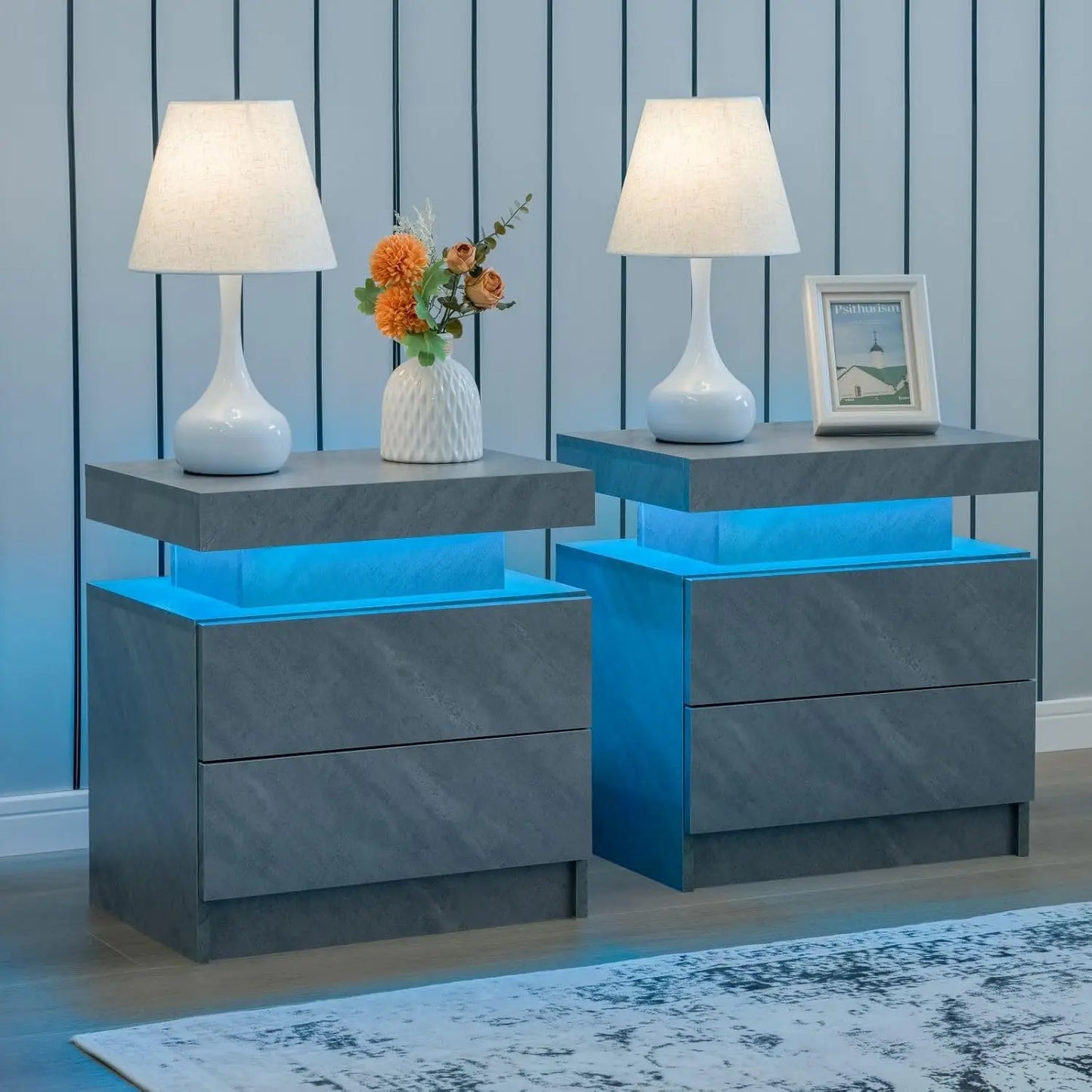 Nightstand Set of 2 LED Nightstand with 2 Drawers,Night Stand Set 2 with LED Light,Bedside Table with Drawers for Bedroom