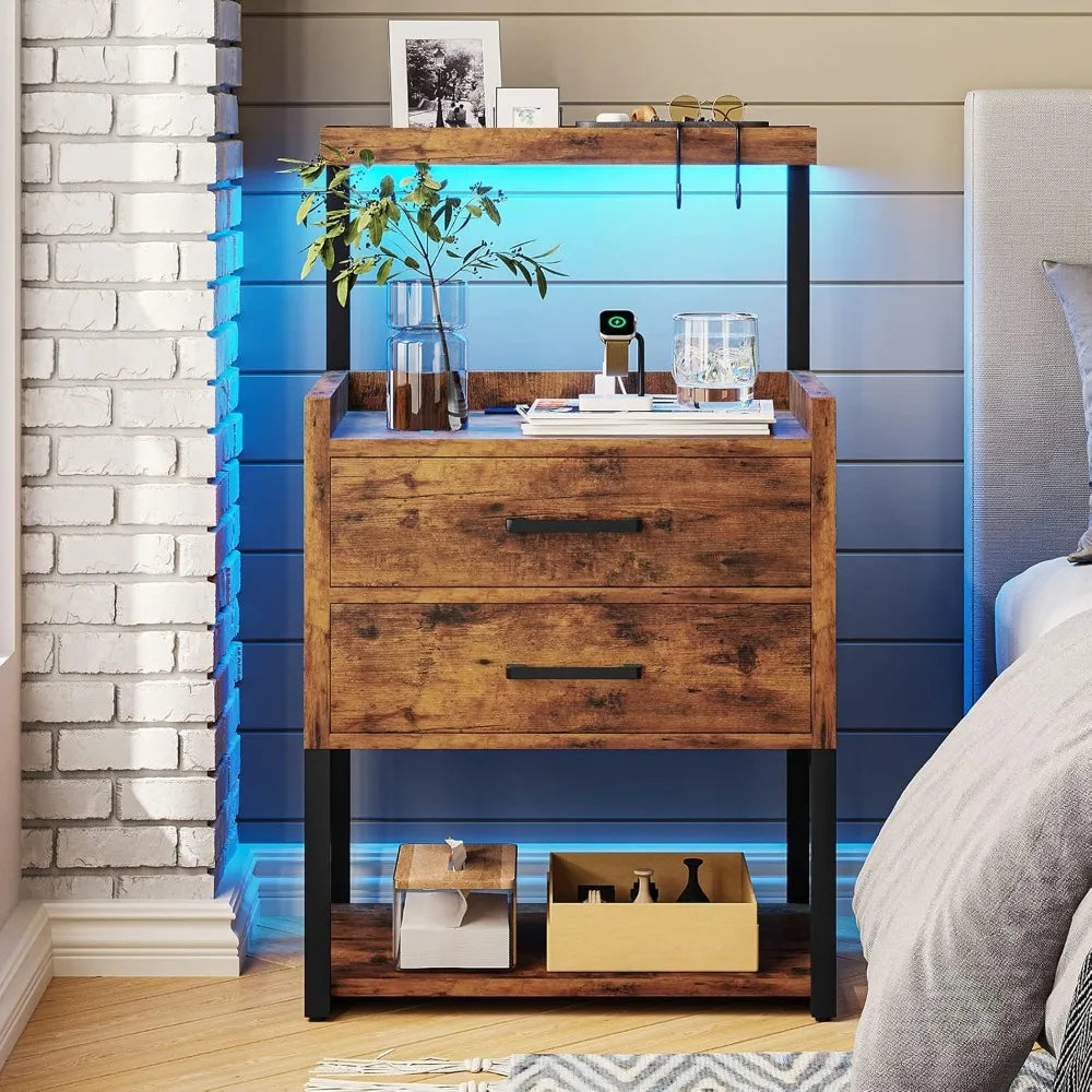 LED Nightstand Set of 2 with Charging Station, 2 Drawers Night Stand with LED Lights for Bedroom, 2 USB Ports, 2 Power Outlets,