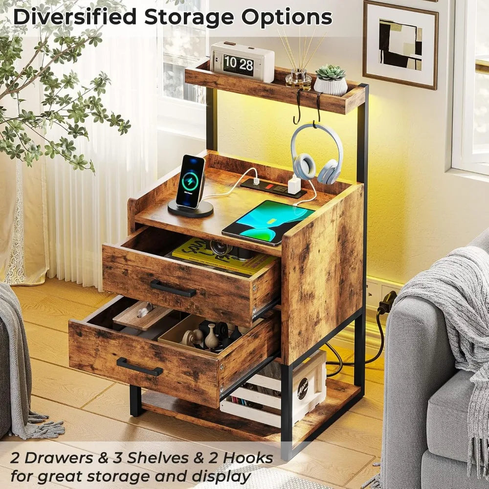 LED Nightstand Set of 2 with Charging Station, 2 Drawers Night Stand with LED Lights for Bedroom, 2 USB Ports, 2 Power Outlets,