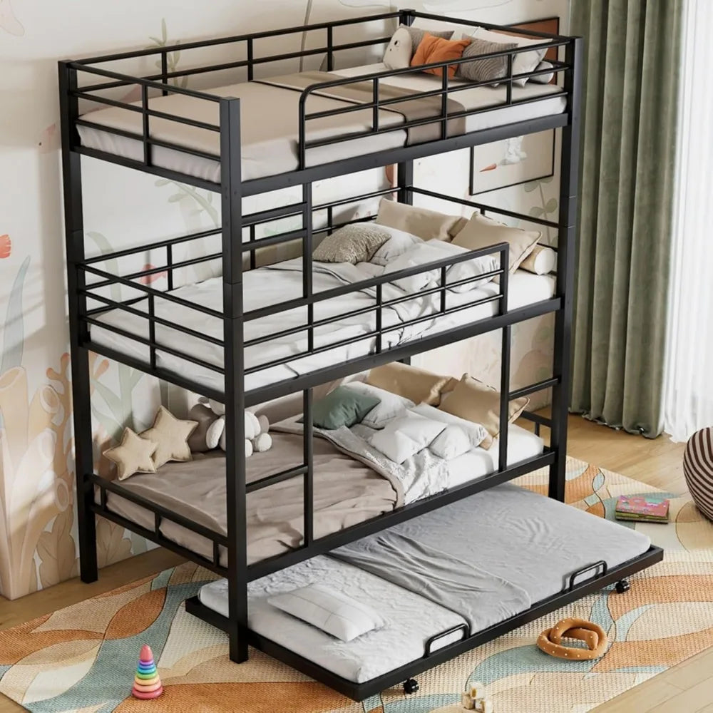 Twin Size Heavy Duty Triple Bunk Bed with Trundle and Ladder, Guardrails for Kids, Adults, Teens, Bedroom, No Box Spring Needed,