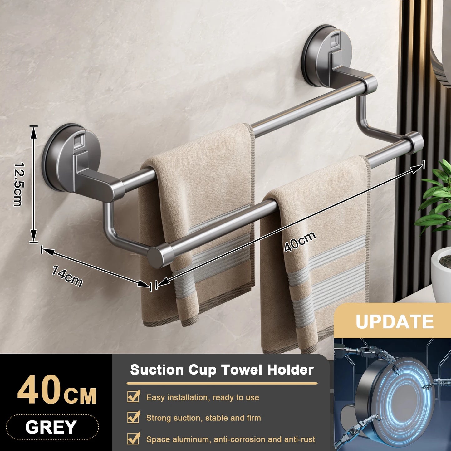 RUITHOE Suction Cup Towel Rack Wall Mount Double Bar