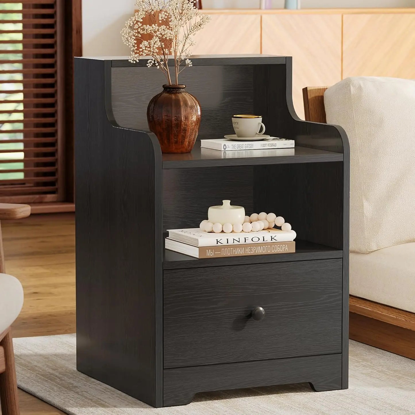 Nightstand with Drawer and Open Shelf, Bedside Table with Hutch, Modern End Table with Storage for Bedroom
