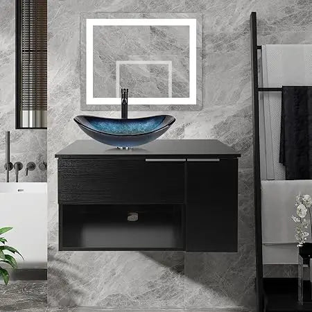 28 Inch Black Floating Bathroom Vanity with 1-Door and 1-Drawer, Modern Wall Mounted Cabinet with Blue Boat Vessel Sink Top