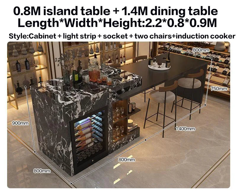 Luxury Marble Kitchen Island Set with Dining Table, Wine Refrigerator, LED Lights, 2-Layer Storage & Artistic Sculpture Base