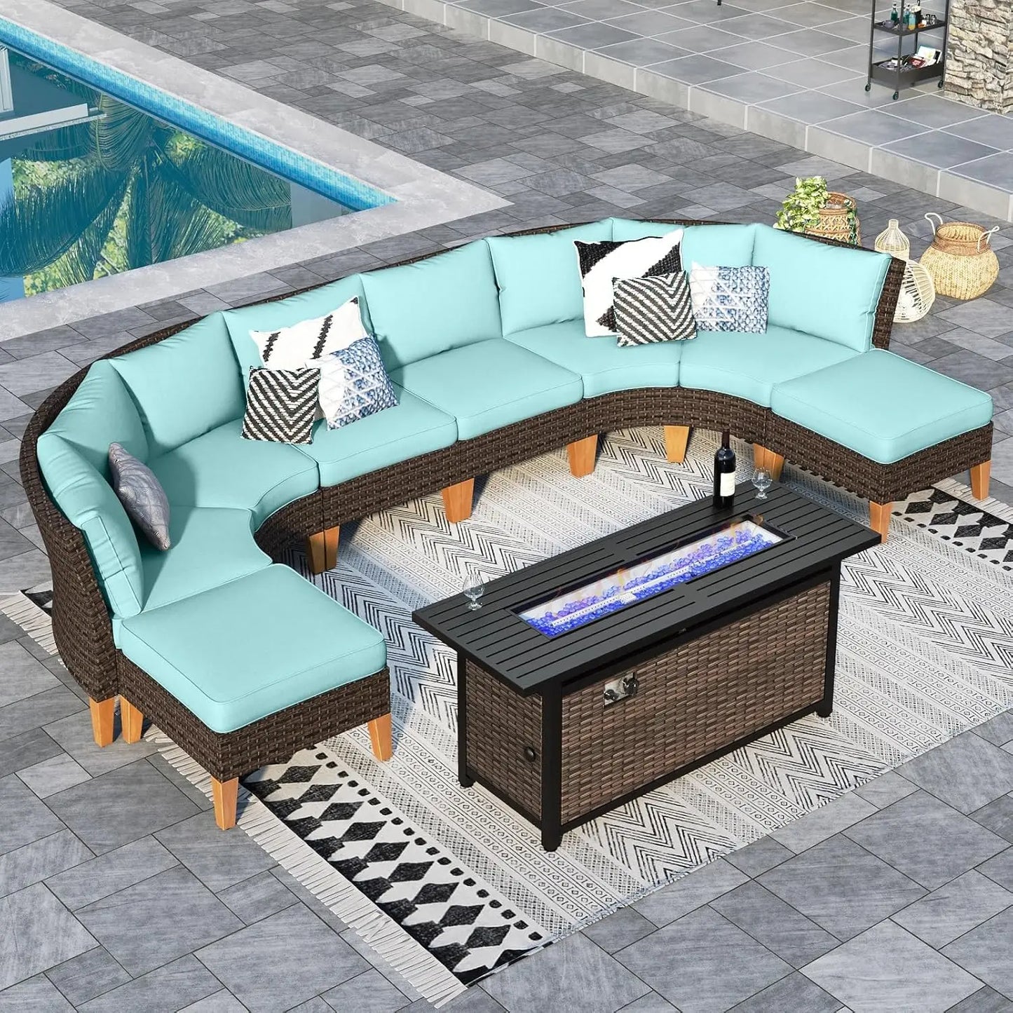 12 Piece Curved Outdoor Sectional Sofa Set Rattan Patio Conversation Set with 4 x Curved Sofa,2X Armless Sofa, 2 x Ottoman,Beige