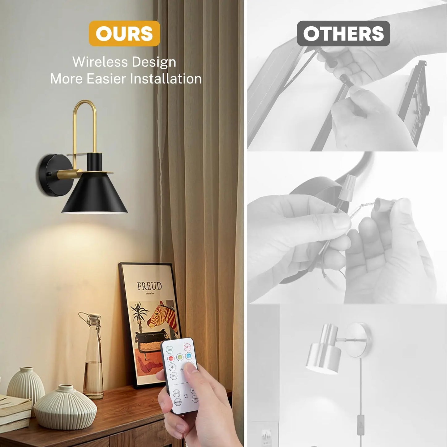 Black Rechargeable Batttery Operated Wall Sconces Set of 2, Wireless Battery Powered Non Hardwired Wall Lights