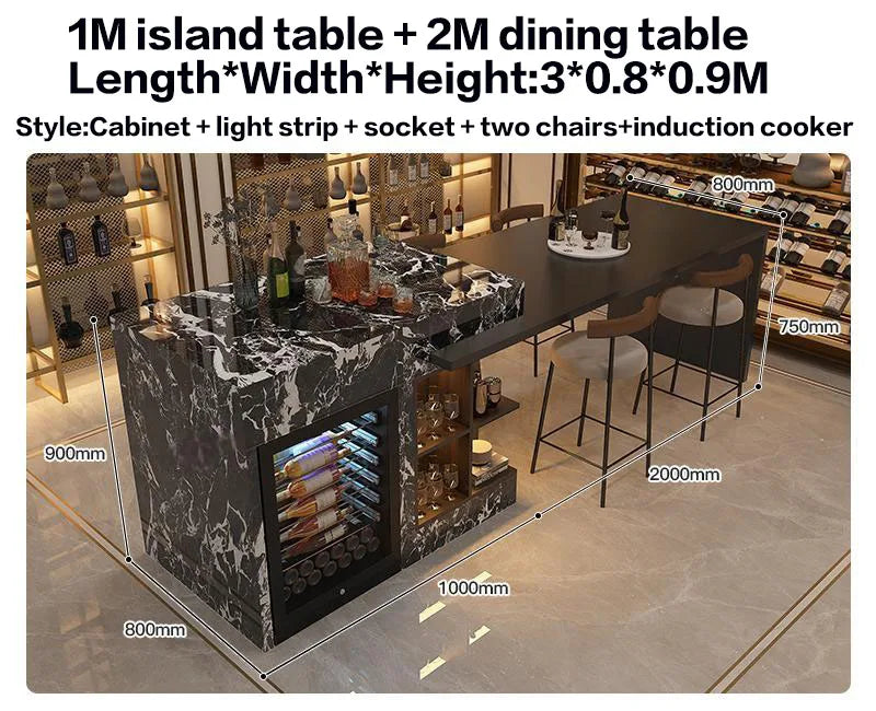 Luxury Marble Kitchen Island Set with Dining Table, Wine Refrigerator, LED Lights, 2-Layer Storage & Artistic Sculpture Base