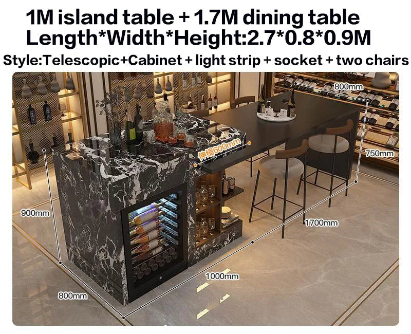 Luxury Marble Kitchen Island Set with Dining Table, Wine Refrigerator, LED Lights, 2-Layer Storage & Artistic Sculpture Base