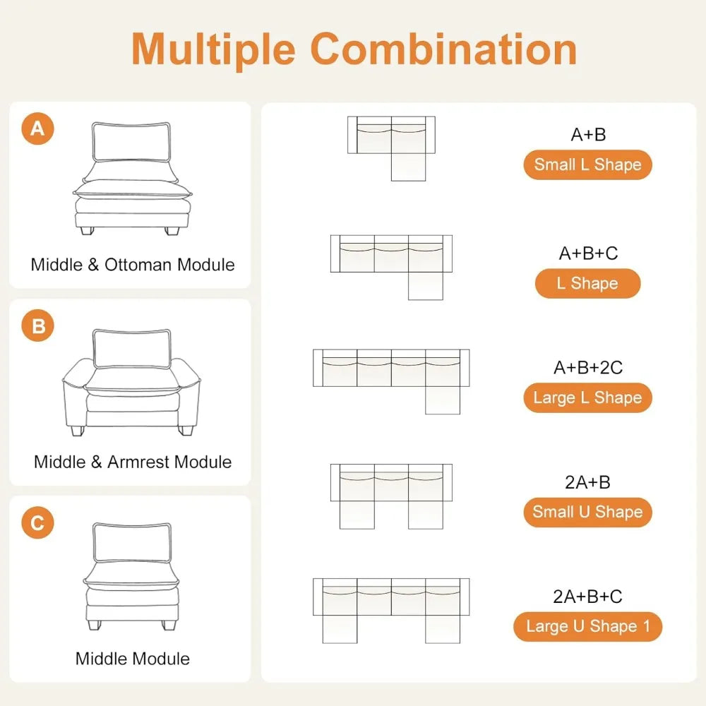 Modular Deep Seat Sectional Sofa Couch with Ottoman Chenille Upholstered Furniture for Living Room Orange