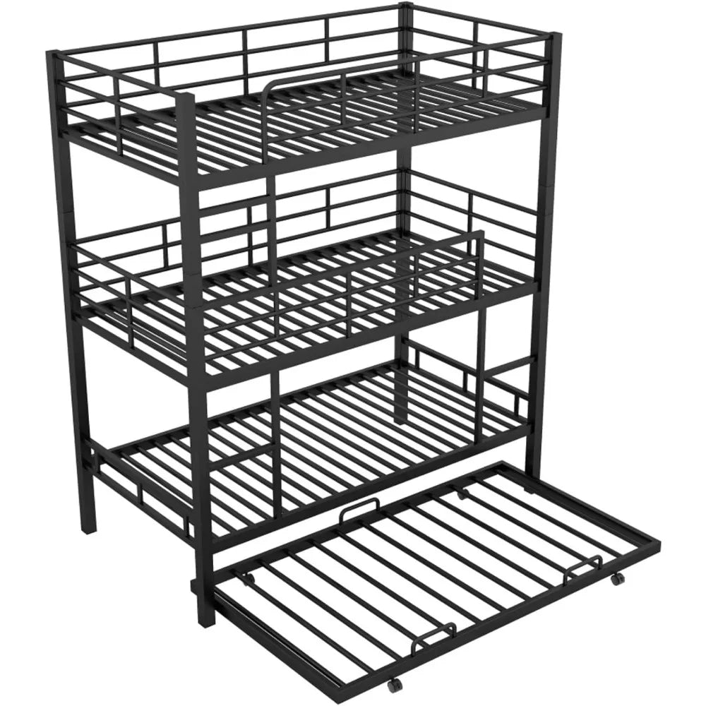 Twin Size Heavy Duty Triple Bunk Bed with Trundle and Ladder, Guardrails for Kids, Adults, Teens, Bedroom, No Box Spring Needed,