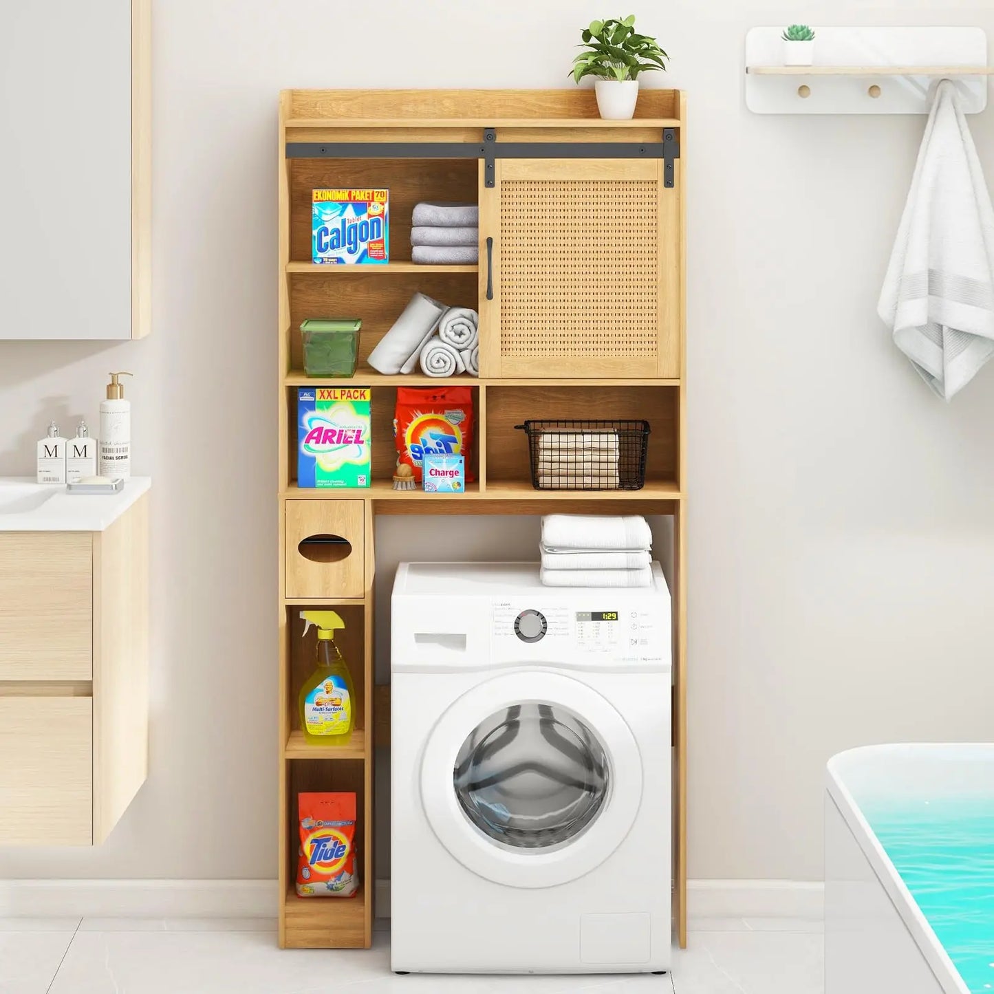 Vabches Over the Toilet Storage Cabinet Rattan Bathroom Organizer with Sliding Door&Toilet Paper Holder Space Saver Toilet Rack