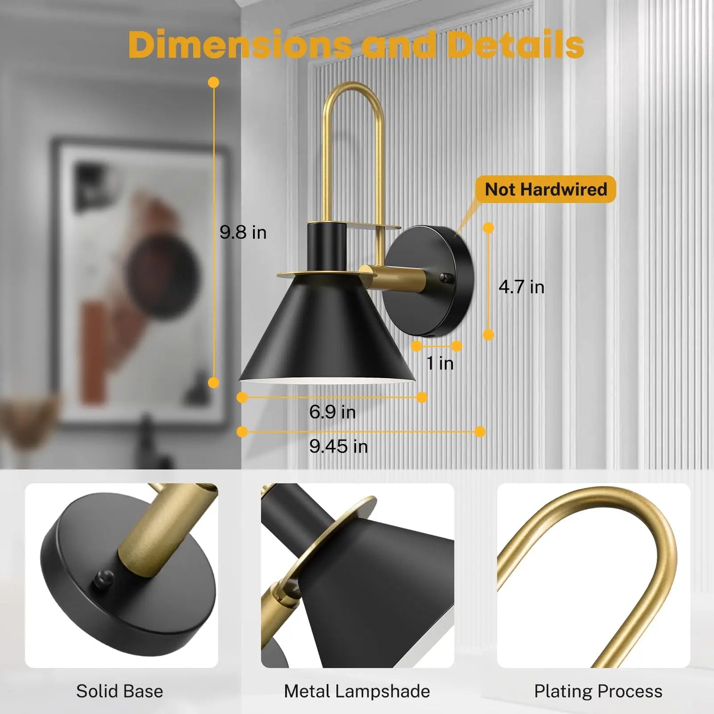 Black Rechargeable Batttery Operated Wall Sconces Set of 2, Wireless Battery Powered Non Hardwired Wall Lights