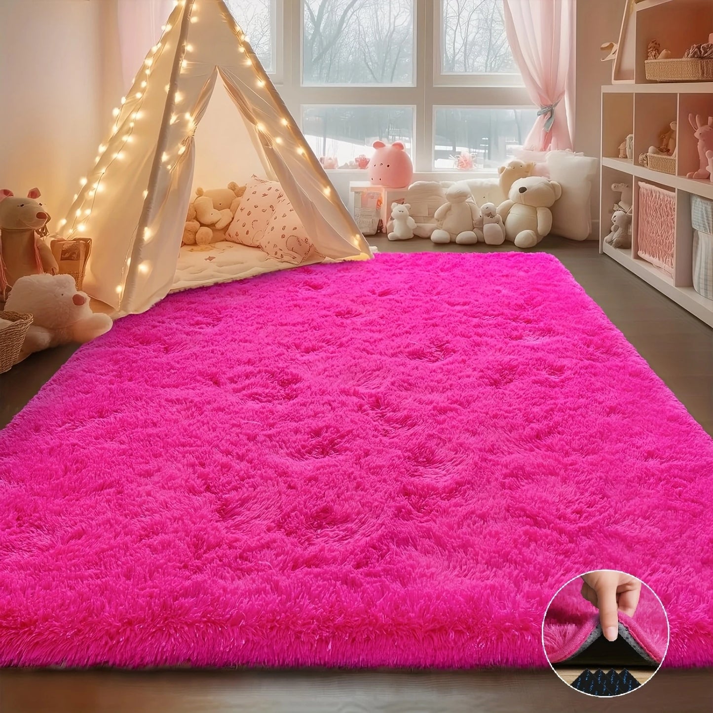 Hot Pink Soft Shaggy Non-Slip Rugs for Living Room/Bedroom/Nursery–Luxury Plush Carpet with 4 Rug Stickers,Ideal Room Decor Rug