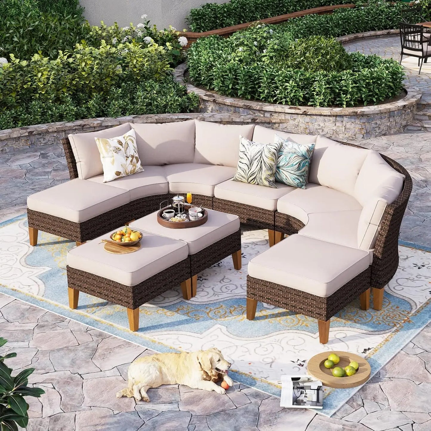 12 Piece Curved Outdoor Sectional Sofa Set Rattan Patio Conversation Set with 4 x Curved Sofa,2X Armless Sofa, 2 x Ottoman,Beige