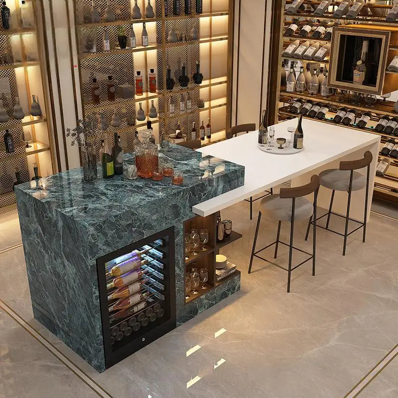 Luxury Marble Kitchen Island Set with Dining Table, Wine Refrigerator, LED Lights, 2-Layer Storage & Artistic Sculpture Base