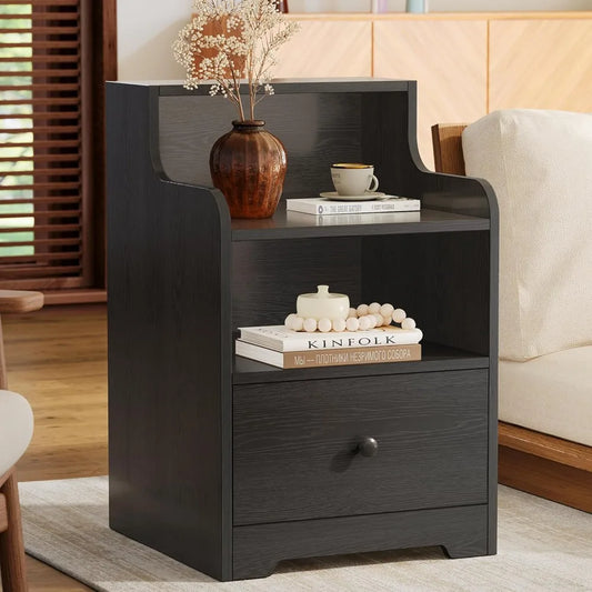 Nightstand with Drawer and Open Shelf, Bedside Table with Hutch, Modern End Table with Storage for Bedroom