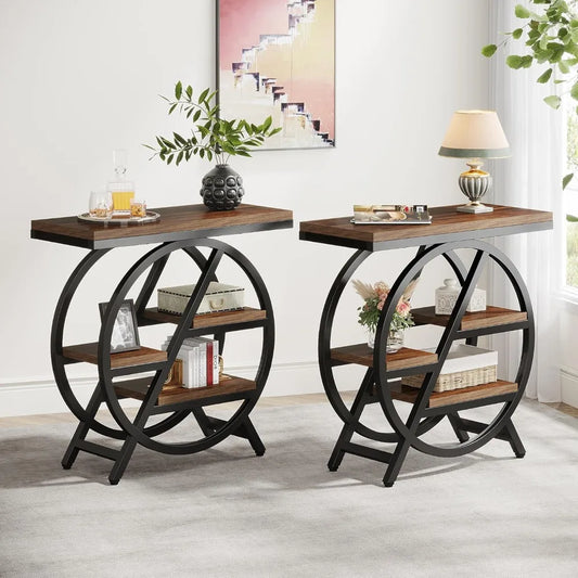 End Table Set of 2, 3-Tier Narrow Sofa Side Table with Storage for Living Room, Wood End Table with Geometric Metal Frame, Indu
