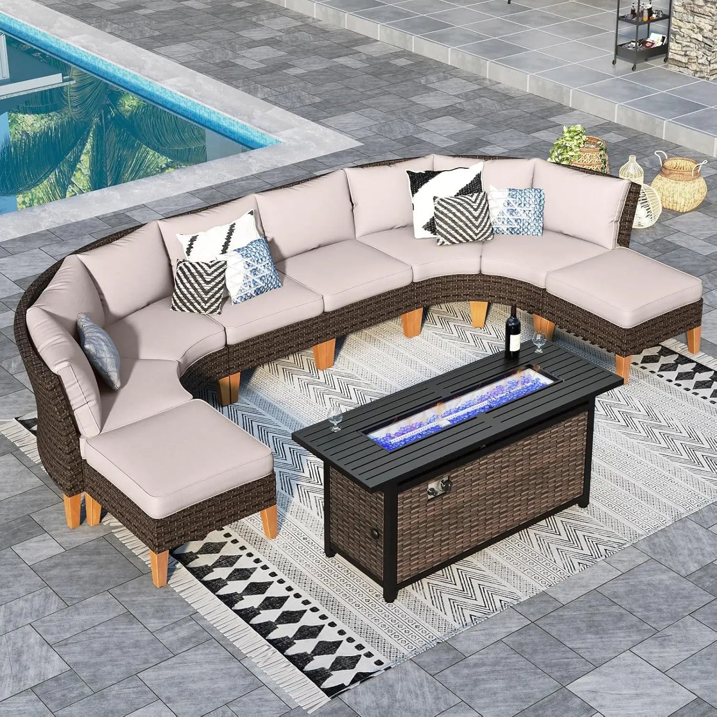 12 Piece Curved Outdoor Sectional Sofa Set Rattan Patio Conversation Set with 4 x Curved Sofa,2X Armless Sofa, 2 x Ottoman,Beige