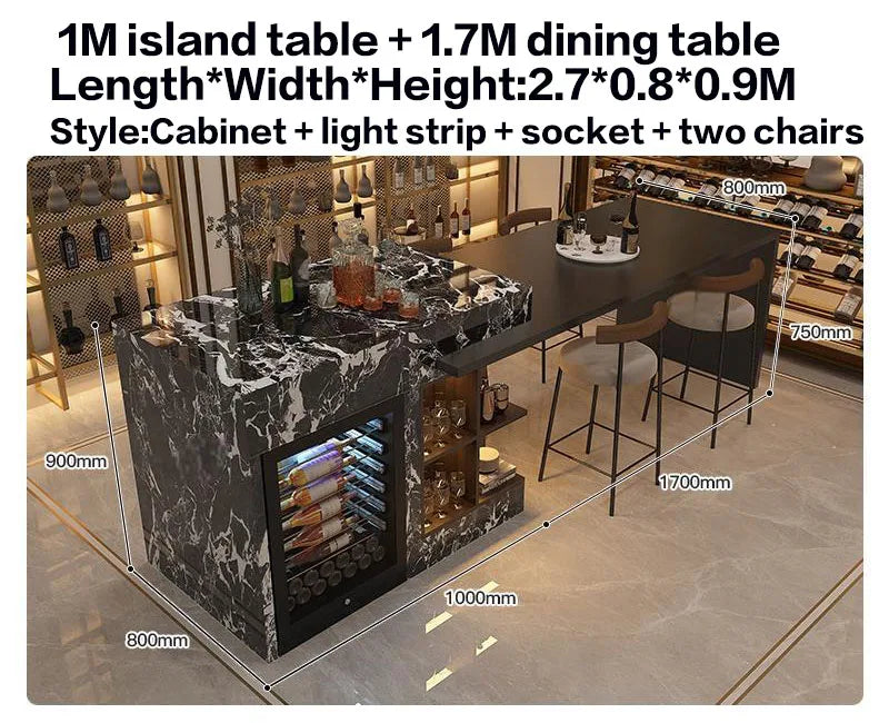 Luxury Marble Kitchen Island Set with Dining Table, Wine Refrigerator, LED Lights, 2-Layer Storage & Artistic Sculpture Base