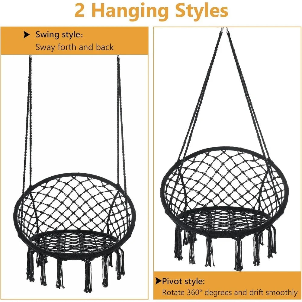 Hammock Chair Macrame Swing Set of Bohemian Style Hammock Swing Chair with Tassels Hanging Swing Chair Handmade Knitted Cotton