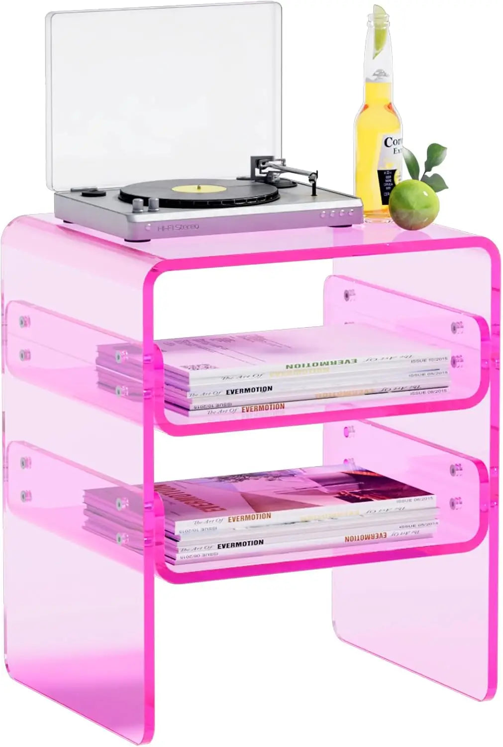 Acrylic Record Player Table with Storage Shelf \u2013 Sleek Bedside Storage with Durable Design, Perfect for Bedrooms, Living Ro