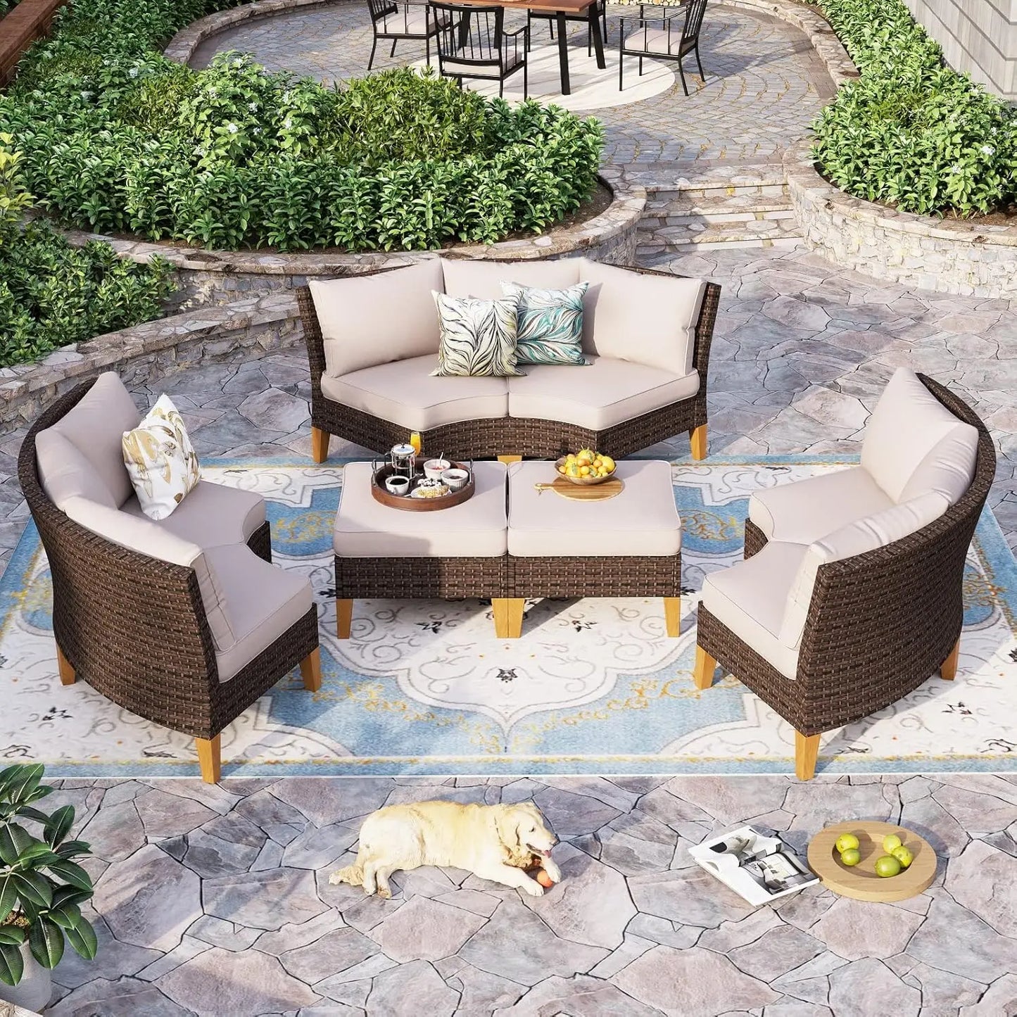 12 Piece Curved Outdoor Sectional Sofa Set Rattan Patio Conversation Set with 4 x Curved Sofa,2X Armless Sofa, 2 x Ottoman,Beige