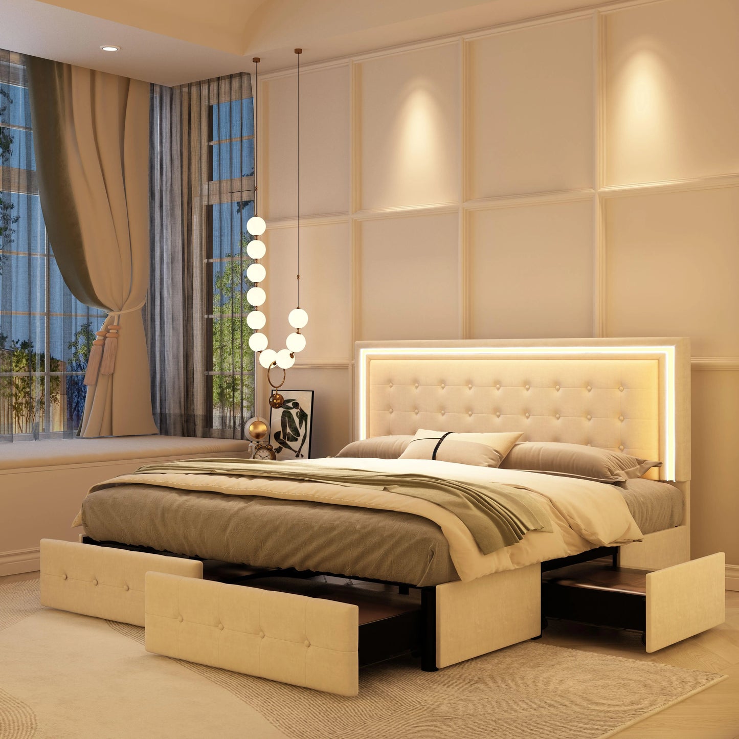 GEGOFORU Queen LED Bed Frame with 4 Storage Drawers, RGBW Headboard, PU Upholstered, No Box Spring Needed, 900 lbs Support