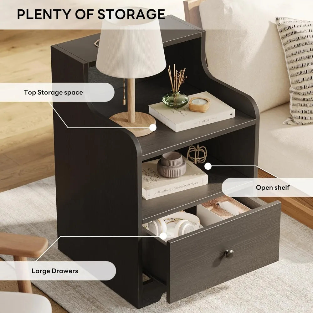 Nightstand with Drawer and Open Shelf, Bedside Table with Hutch, Modern End Table with Storage for Bedroom