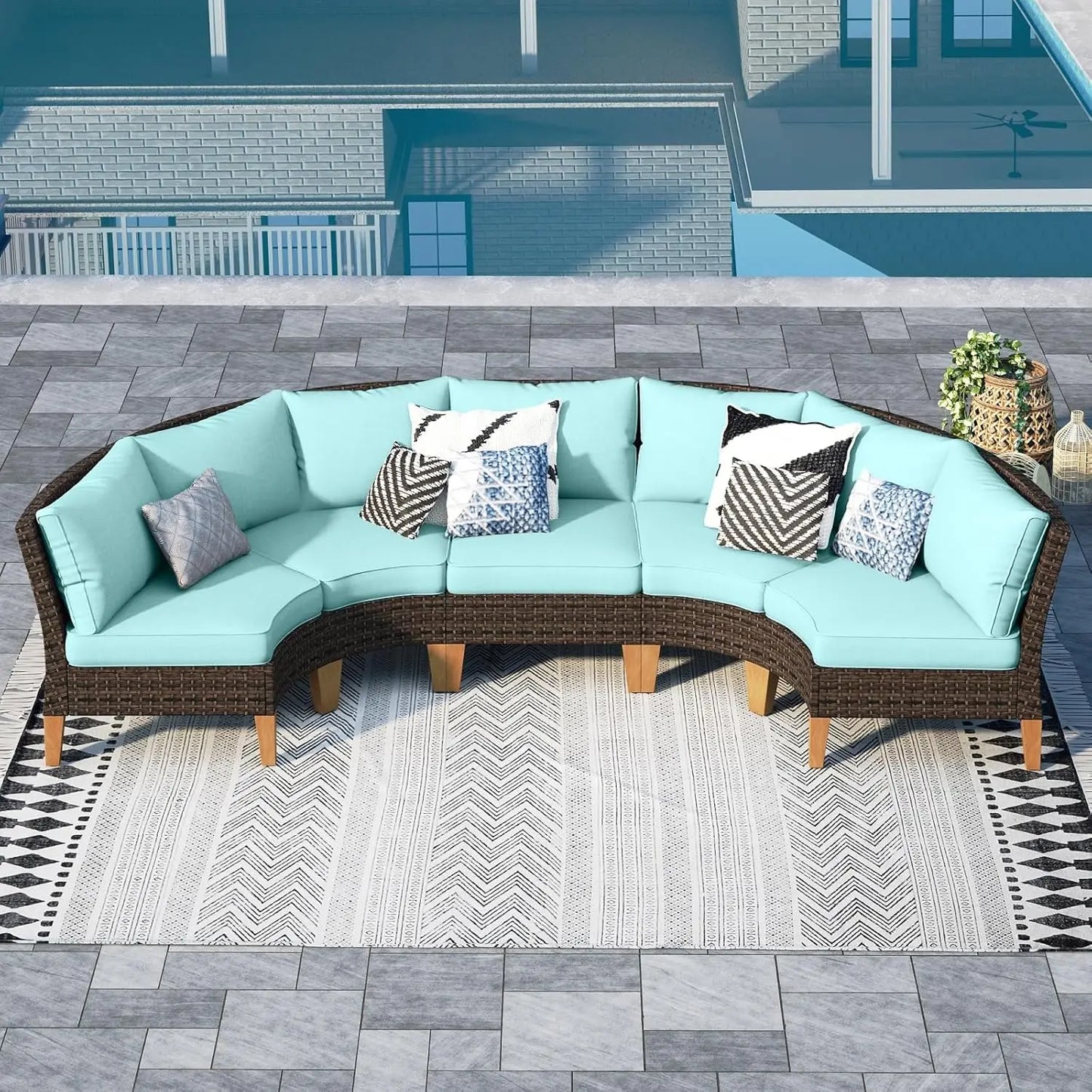 12 Piece Curved Outdoor Sectional Sofa Set Rattan Patio Conversation Set with 4 x Curved Sofa,2X Armless Sofa, 2 x Ottoman,Beige