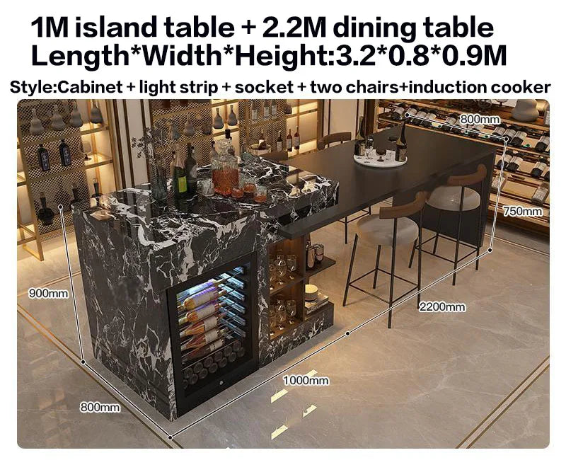 Luxury Marble Kitchen Island Set with Dining Table, Wine Refrigerator, LED Lights, 2-Layer Storage & Artistic Sculpture Base