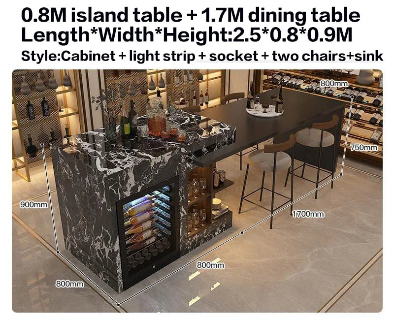 Luxury Marble Kitchen Island Set with Dining Table, Wine Refrigerator, LED Lights, 2-Layer Storage & Artistic Sculpture Base