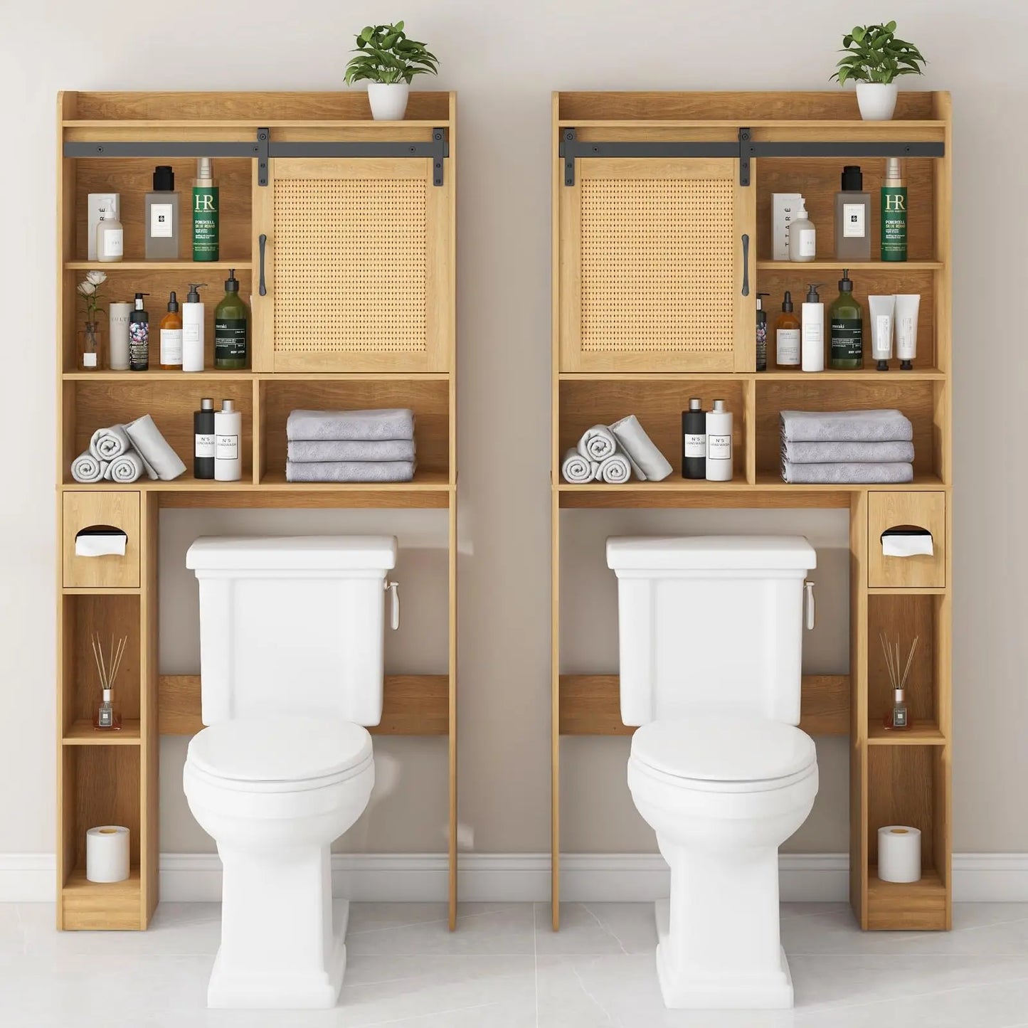 Vabches Over the Toilet Storage Cabinet Rattan Bathroom Organizer with Sliding Door&Toilet Paper Holder Space Saver Toilet Rack