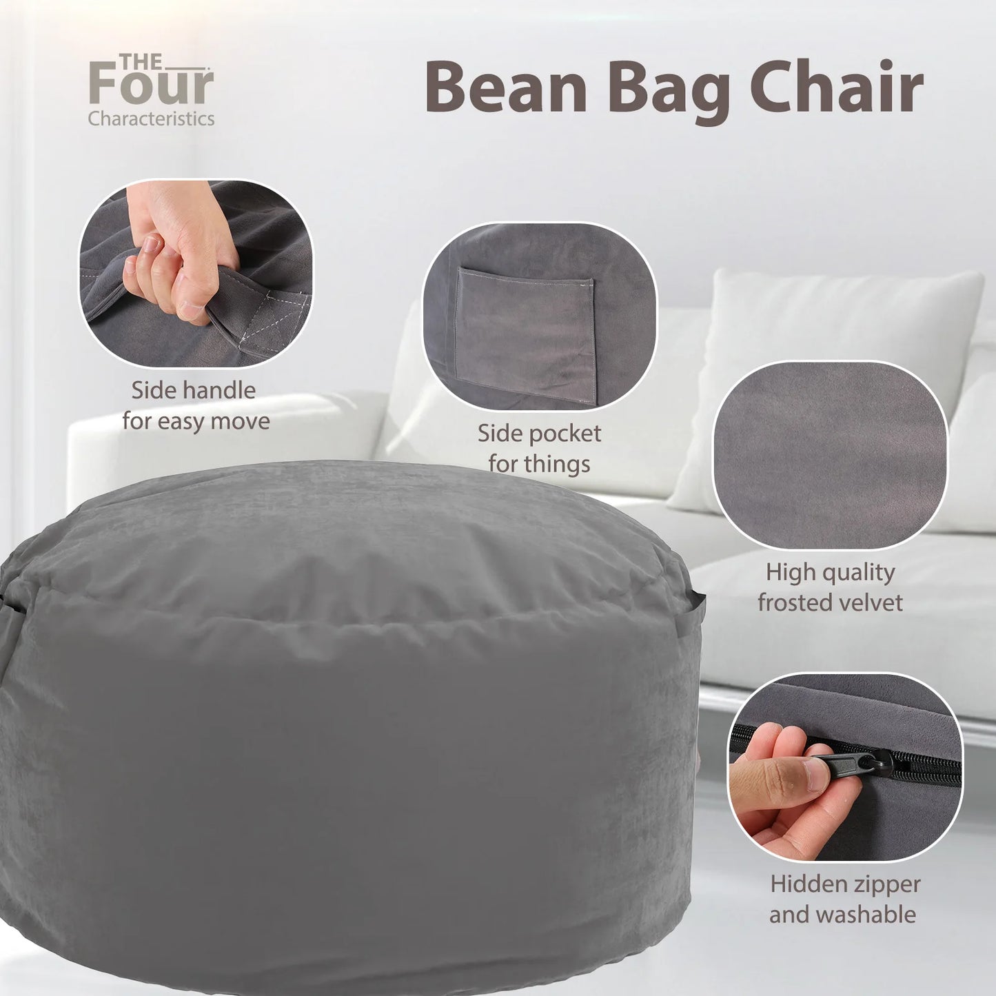 JHK Oversized 3/4FT Bean Bag Chair for Gaming and Reading Foam Filled Couch with Removable Washable Cover Living Room Furniture