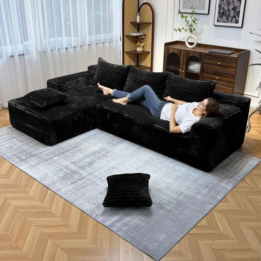 104 Inch Modern Modular L Shape Sofa Couch with Chaise Black Faux Rabbit Fur Cloud Sectional Couch
