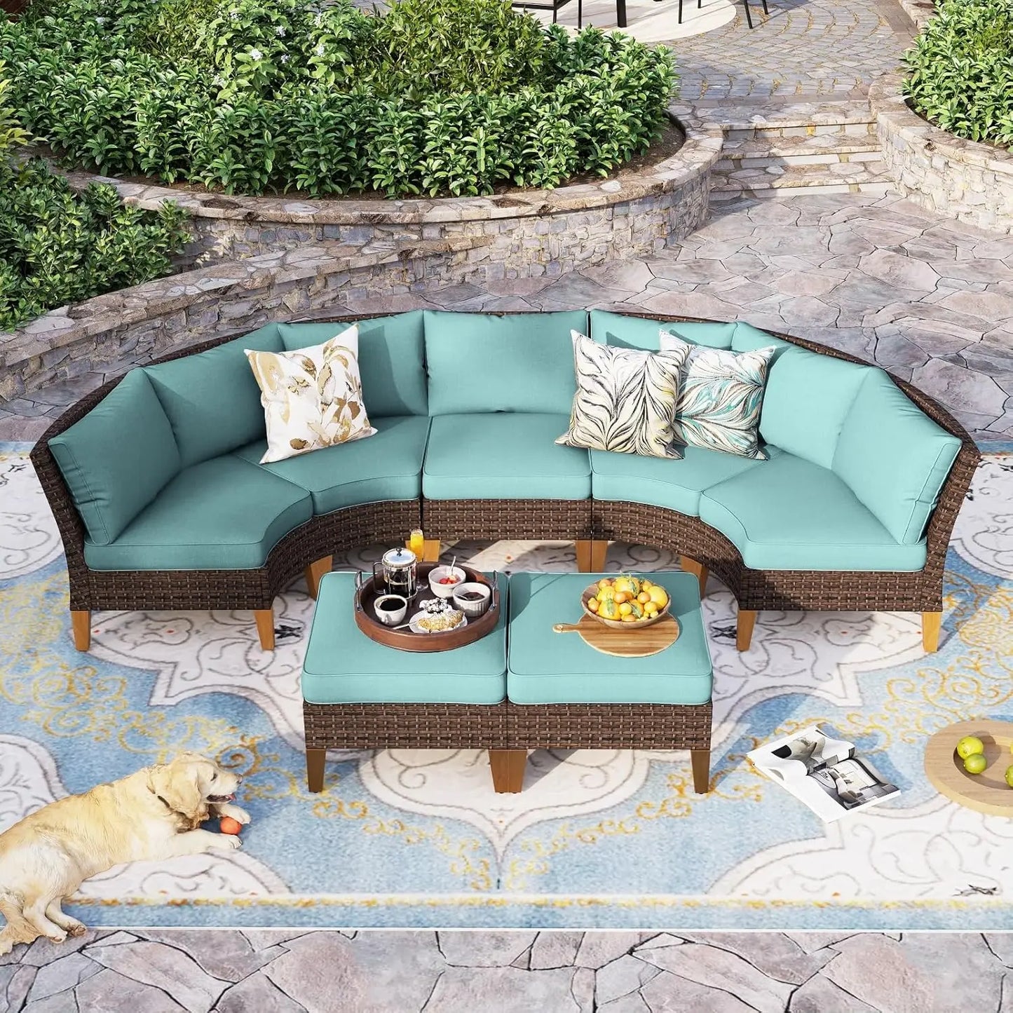 12 Piece Curved Outdoor Sectional Sofa Set Rattan Patio Conversation Set with 4 x Curved Sofa,2X Armless Sofa, 2 x Ottoman,Beige