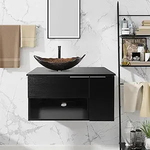 28 Inch Black Floating Bathroom Vanity with 1-Door and 1-Drawer, Modern Wall Mounted Cabinet with Blue Boat Vessel Sink Top