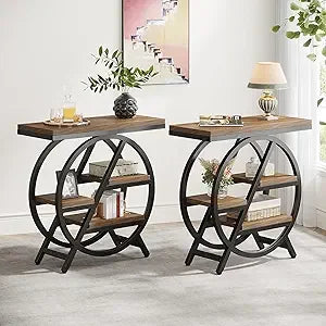 End Table Set of 2, 3-Tier Narrow Sofa Side Table with Storage for Living Room, Wood End Table with Geometric Metal Frame, Indu