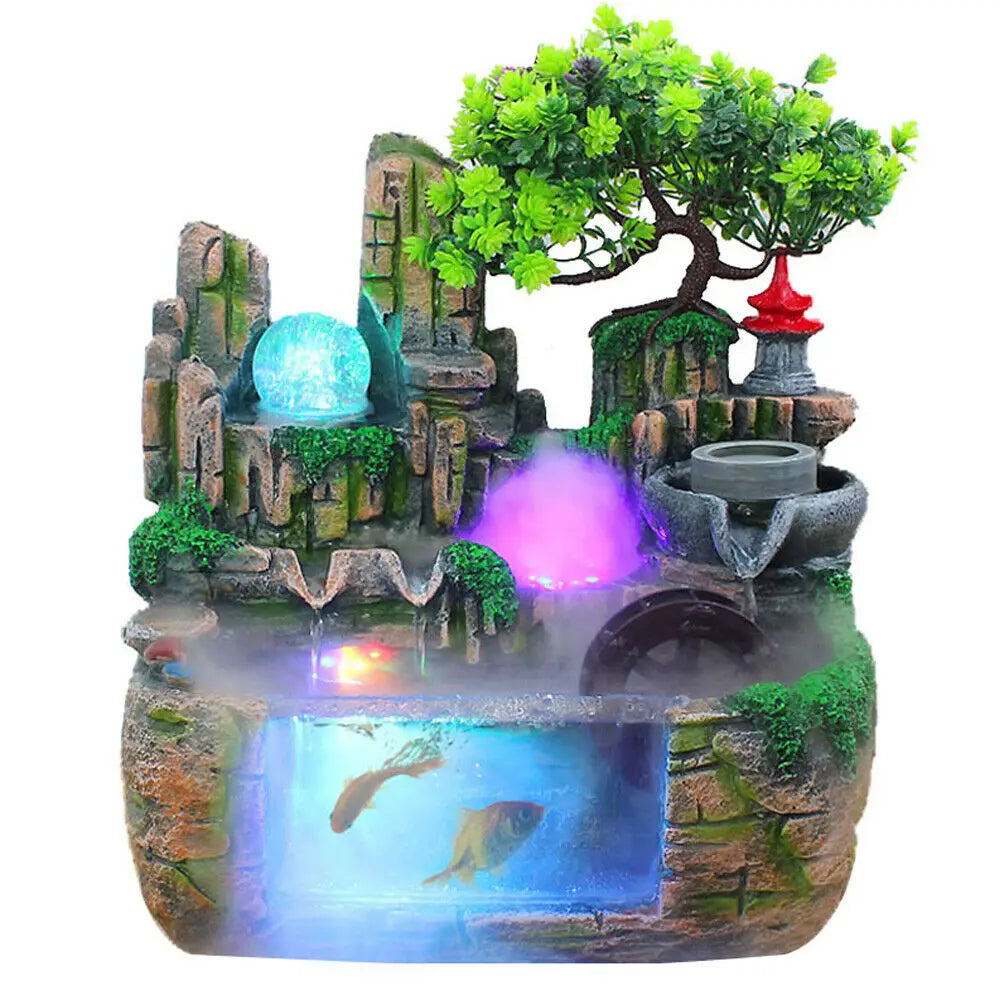 Desktop Fountain Waterfall with Rockery Indoor Relaxation Tabletop Resin Ornament and Light Bird Fisherman for Home