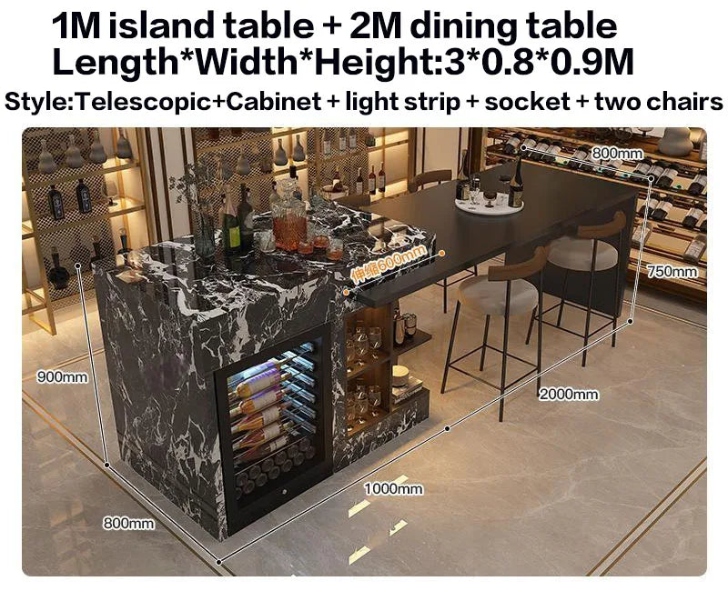 Luxury Marble Kitchen Island Set with Dining Table, Wine Refrigerator, LED Lights, 2-Layer Storage & Artistic Sculpture Base