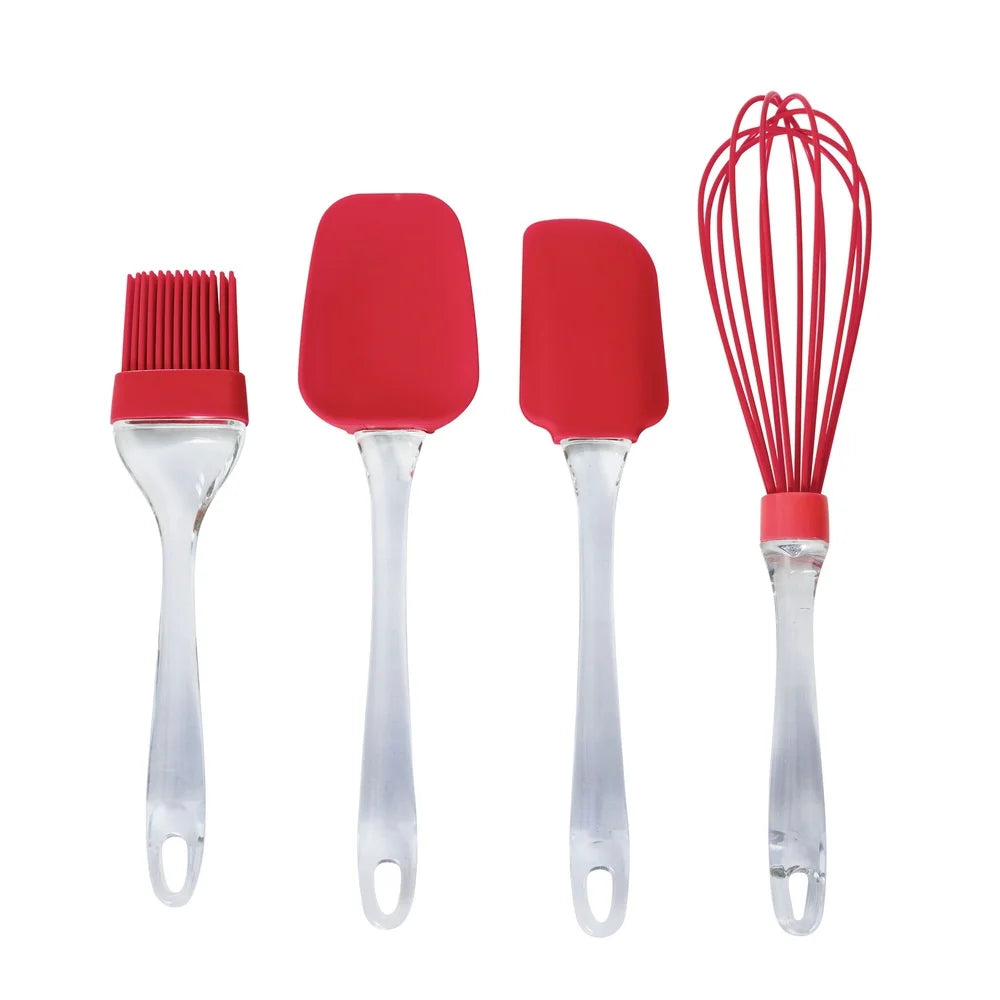 4-Piece Silicone Kitchen Utensil Set Whisk Spatula Spoon Brush Heat Resistant Dishwasher Safe Essential Cooking Tools