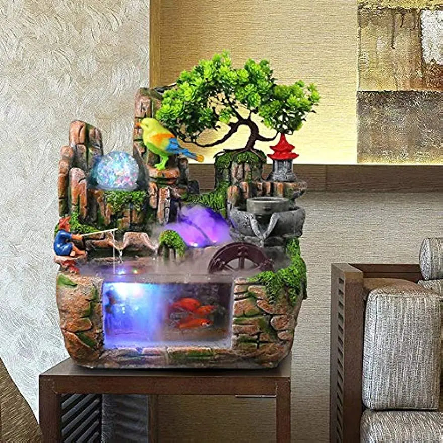 Desktop Fountain Waterfall with Rockery Indoor Relaxation Tabletop Resin Ornament and Light Bird Fisherman for Home
