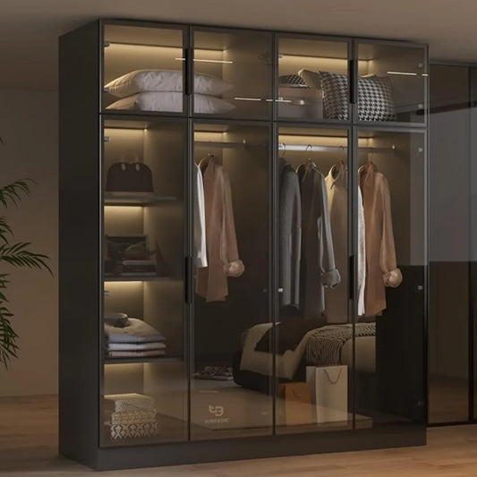 Wardrobe Cabinet with LED Light Strips, Modern Armoire Closet with Glass Doors, 59.1" W Large Bedroom Armoire Clothes Organizer