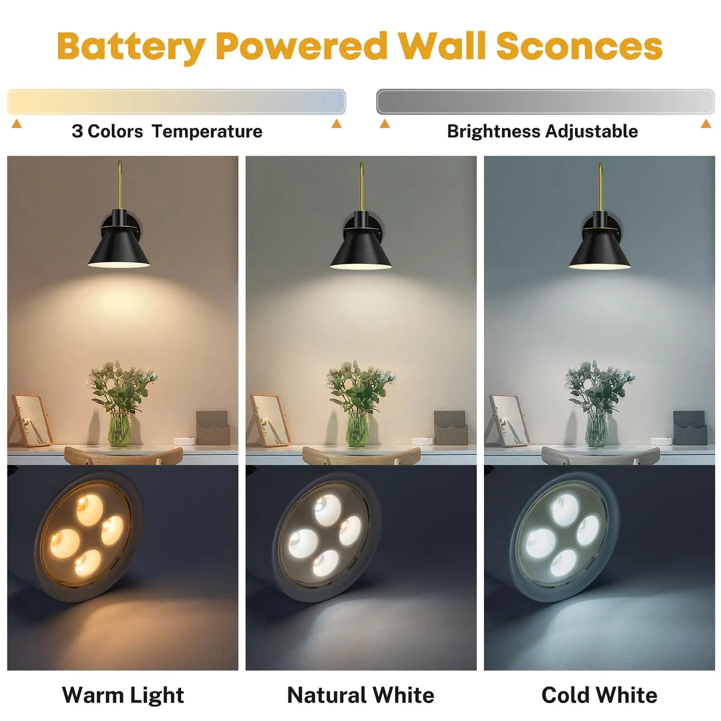 Black Rechargeable Batttery Operated Wall Sconces Set of 2, Wireless Battery Powered Non Hardwired Wall Lights